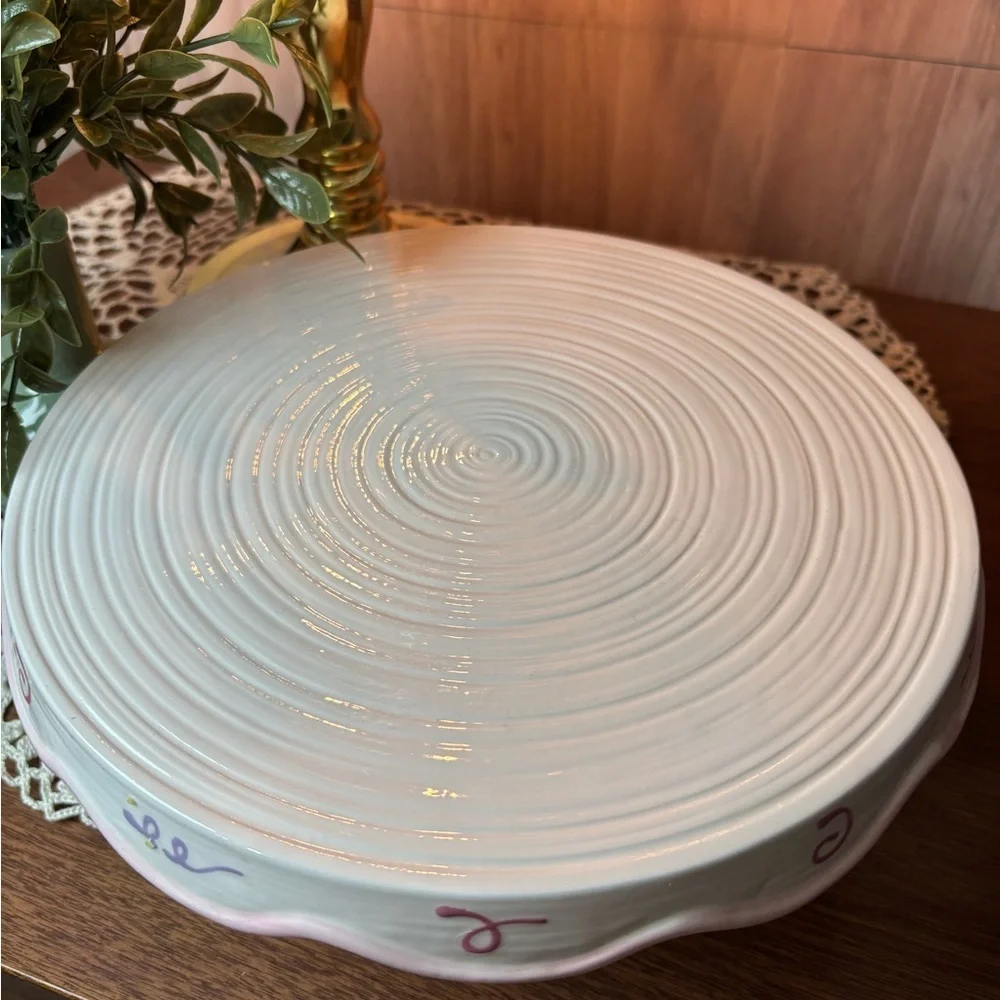 Avon Celebration Cake Pedestal Plate with Pink Rim and Floral Base